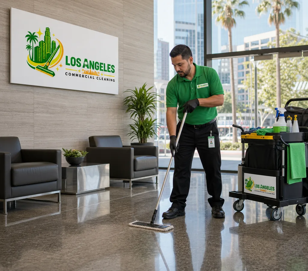 Professional uniformed cleaner working in a modern Los Angeles office lobby with neatly staged supplies