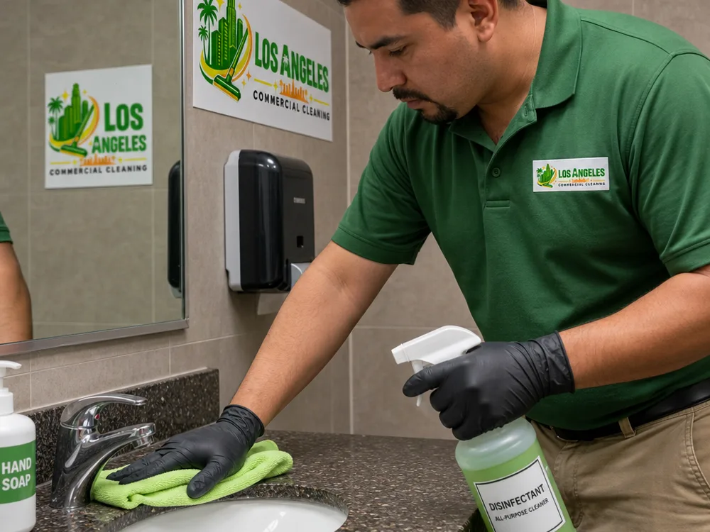 Cleaner disinfecting a commercial restroom sink with labeled supplies and microfiber cloths