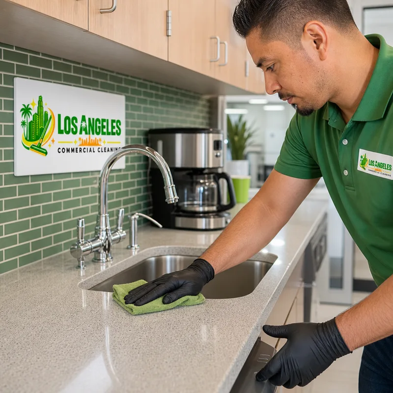 Sanitized office breakroom counter and sink with a polished faucet and clean appliance fronts