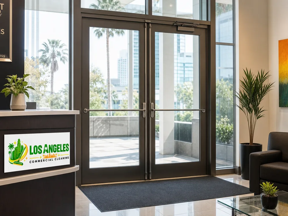 Bright commercial lobby with streak-free entry glass, clean floor mats, and a tidy reception area