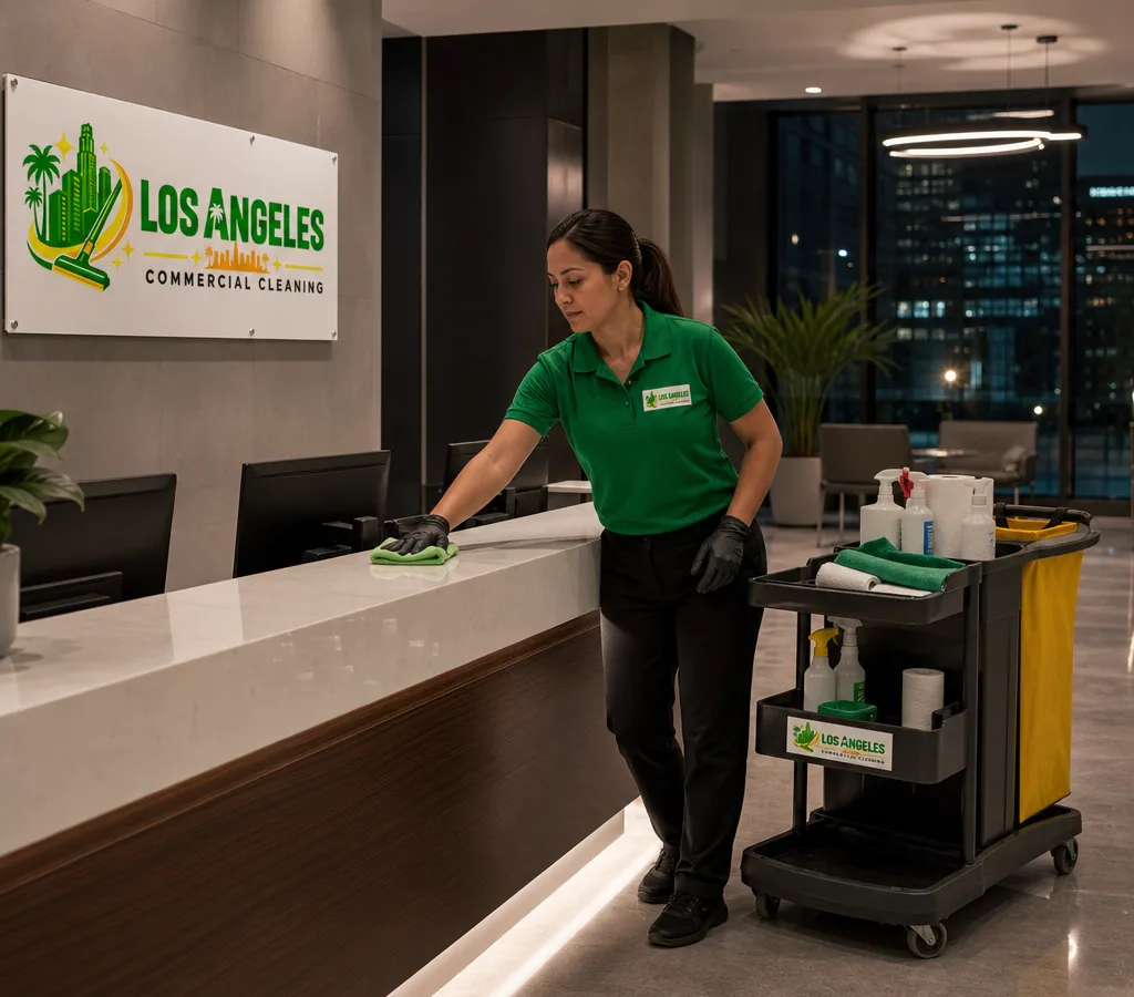 Commercial cleaner restocking a janitorial cart and wiping a reception counter in a modern Los Angeles office lobby after hours