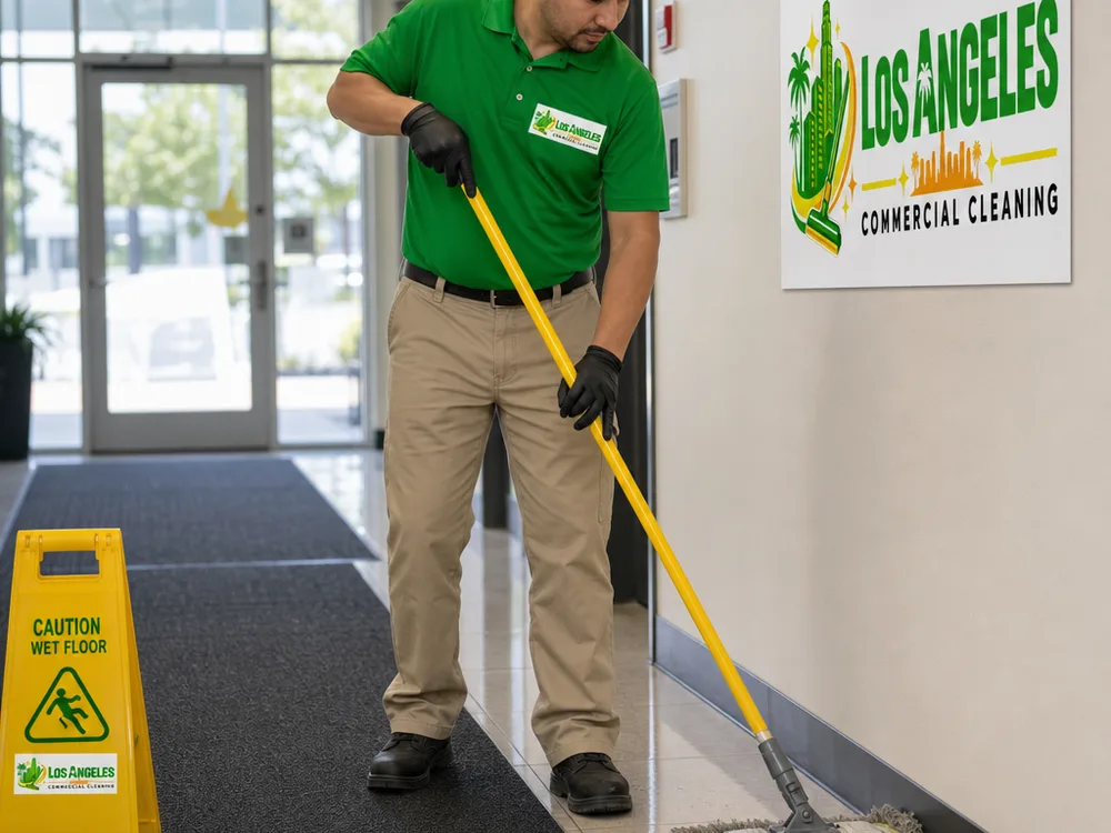Cleaner detailing hard-surface flooring along baseboards in a commercial hallway with entry mats and glass doors