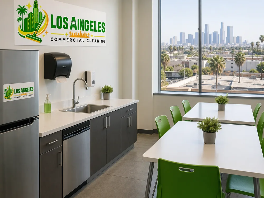 Freshly cleaned office breakroom with wiped counters, sanitized sink, and neatly reset chairs