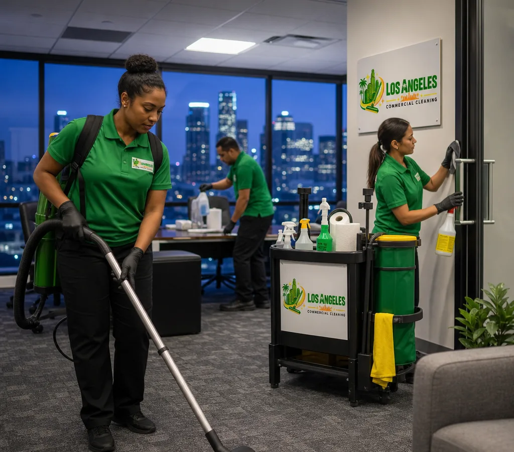 Evening janitorial team vacuuming, removing trash, and disinfecting high-touch points in a modern Los Angeles office suite