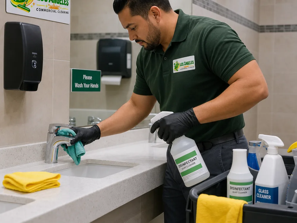 Cleaner disinfecting commercial restroom fixtures and touch points with color-coded microfiber cloths and labeled chemicals