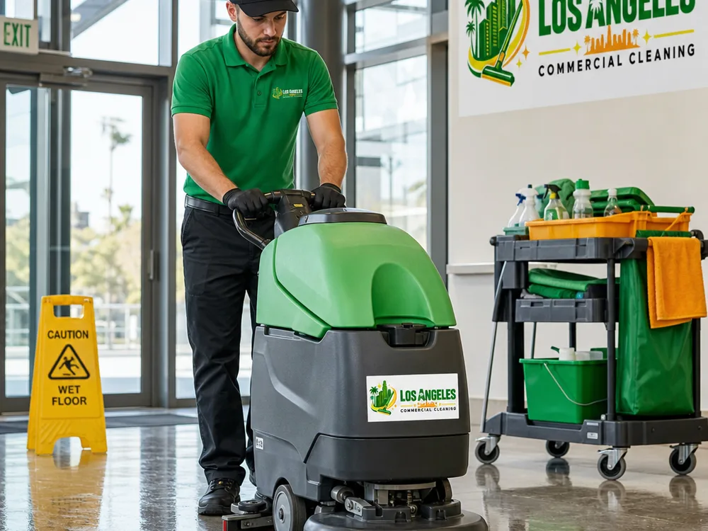 Cleaner using an auto-scrubber on a commercial hard floor with safety signage and a supply cart