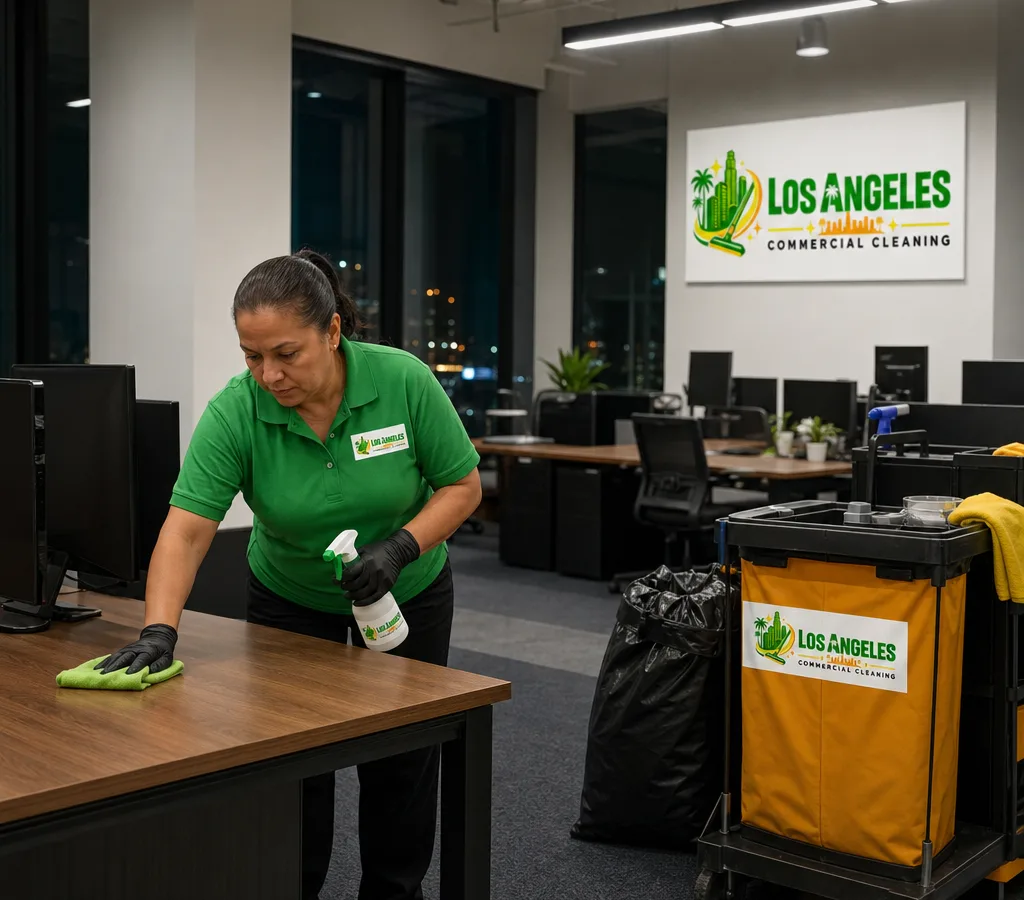 Cleaner wiping desks and shared touchpoints after hours in a modern open-plan Los Angeles office