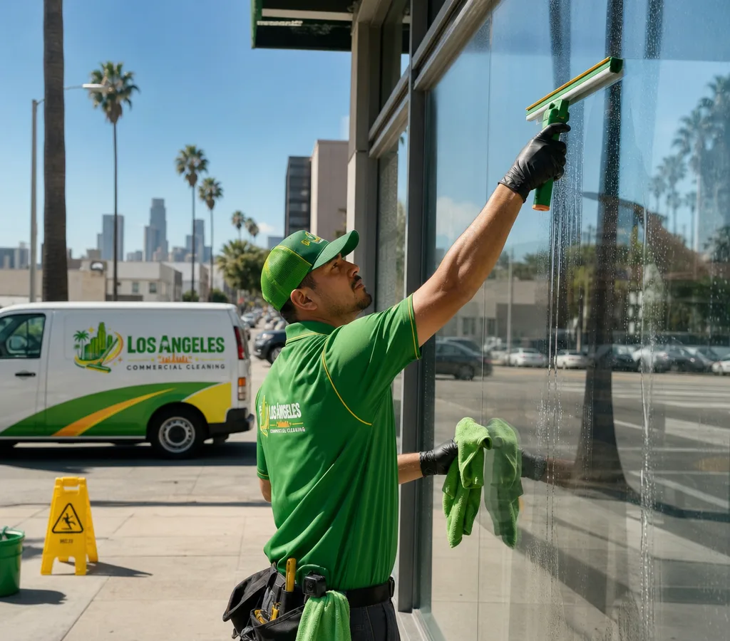 Technician cleaning large storefront glass with a professional squeegee and detailing cloth against a Los Angeles streetscape