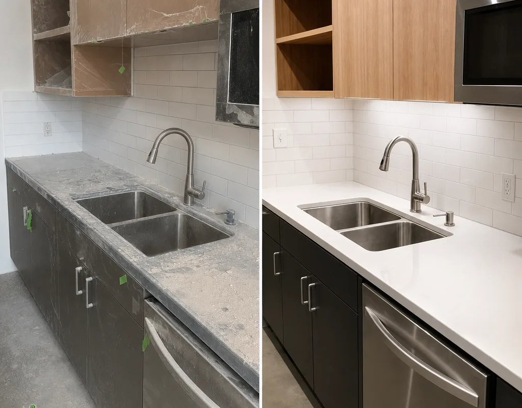 Before-and-after comparison of a newly built office kitchenette with construction dust and protective film removed from polished surfaces