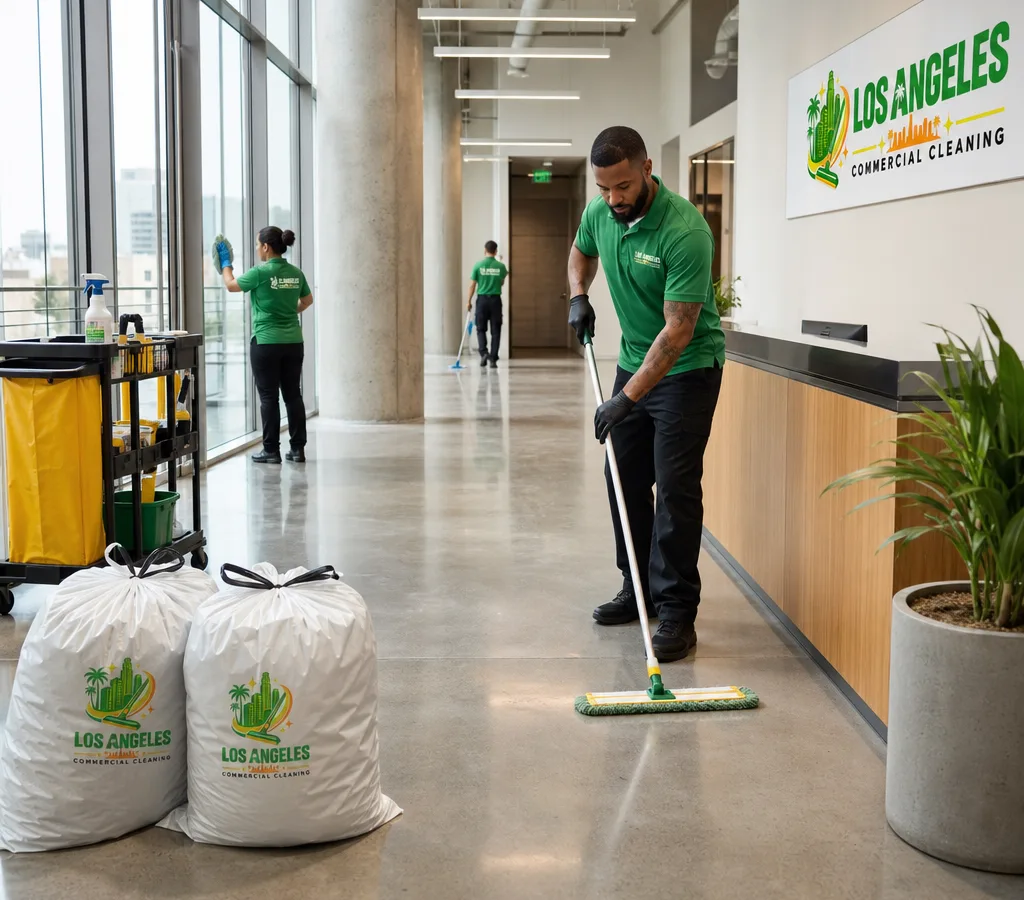 Newly finished Los Angeles commercial interior being detailed after construction, with clean floors and bagged debris ready for disposal