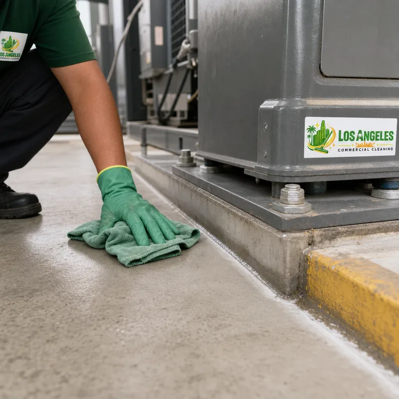 Degreased concrete near machinery pads with reduced residue and clean edges along baseplates and curbs